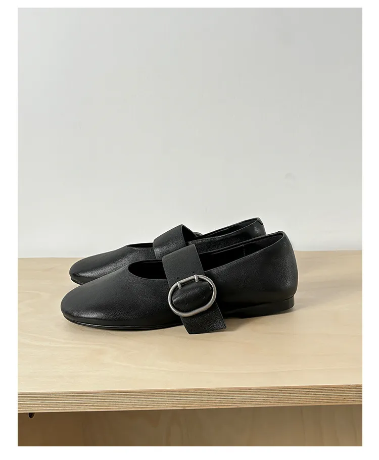 Round-toe flat shoes, sheepskin, comfortable, flat, grandma shoes, women's, black, rubber sole.