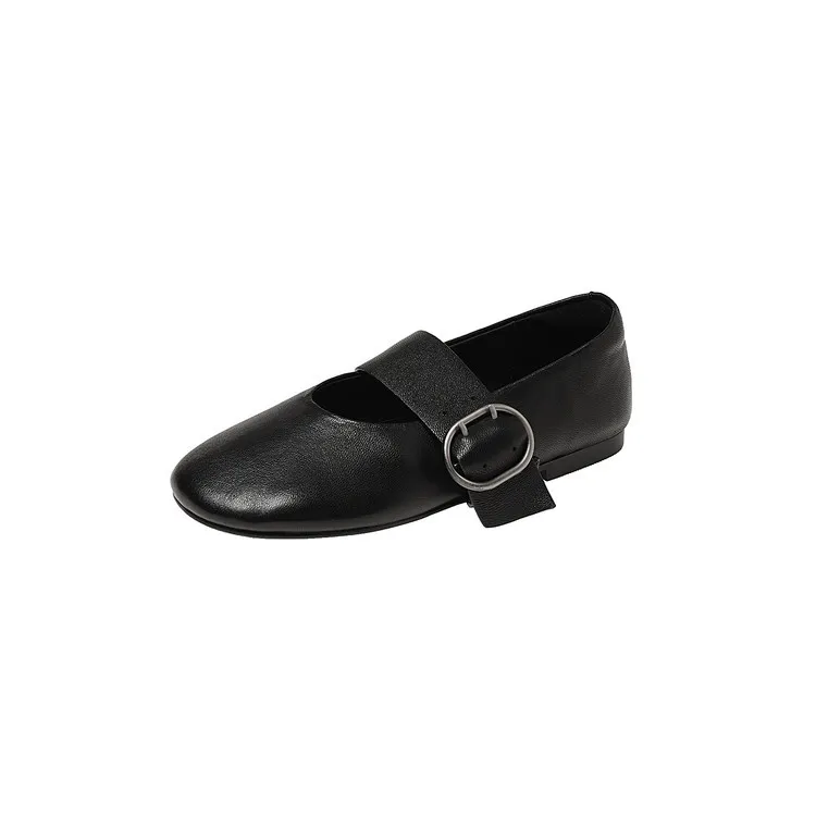 Round-toe flat shoes, sheepskin, comfortable, flat, grandma shoes, women's, black, rubber sole.