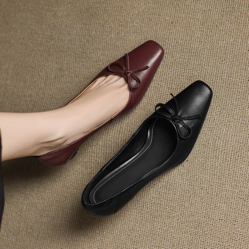 Autumn sheepskin square-toe low-cut slip-on shoes with chunky heels and bows