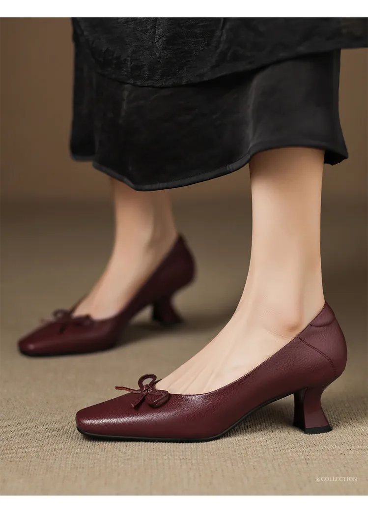 Autumn sheepskin square-toe low-cut slip-on shoes with chunky heels and bows