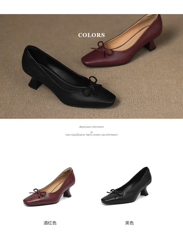 Autumn sheepskin square-toe low-cut slip-on shoes with chunky heels and bows