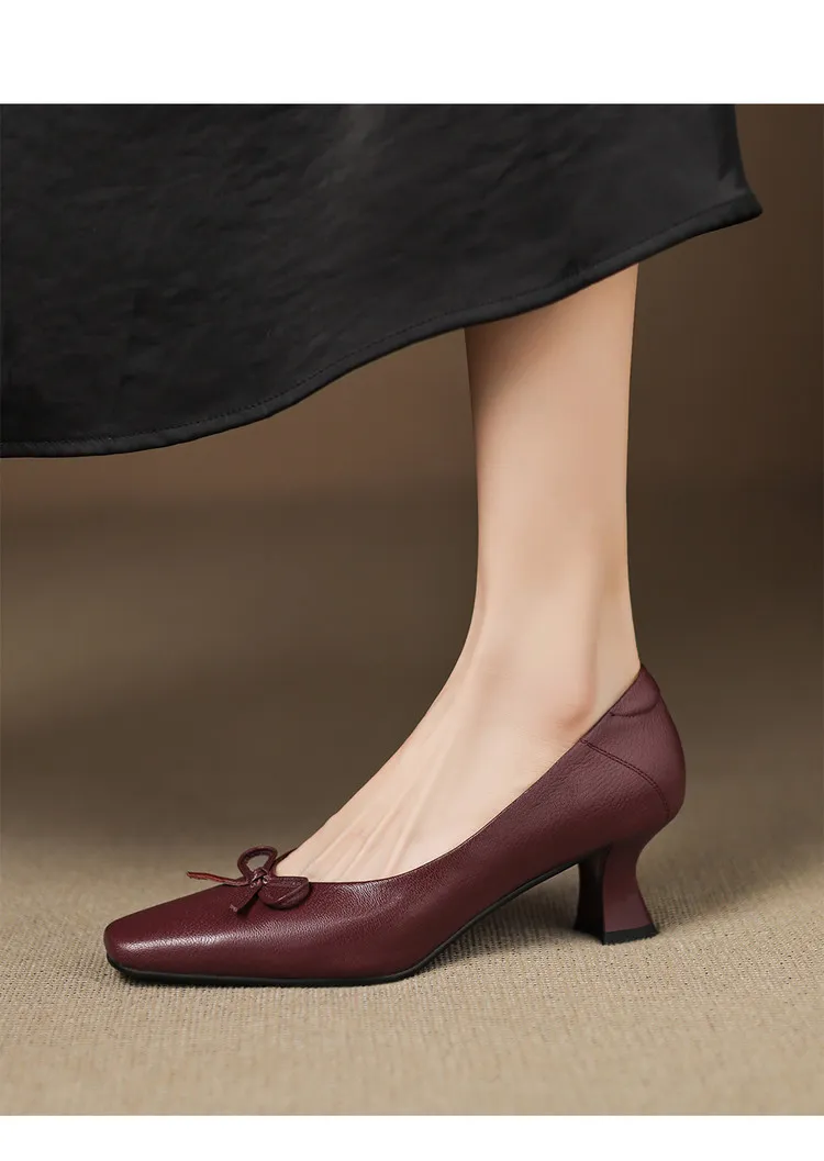 Autumn sheepskin square-toe low-cut slip-on shoes with chunky heels and bows