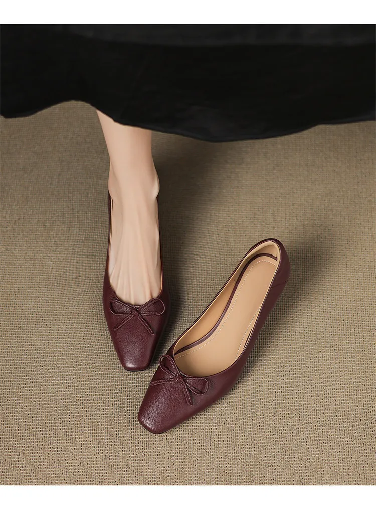 Autumn sheepskin square-toe low-cut slip-on shoes with chunky heels and bows