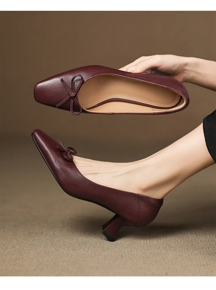 Autumn sheepskin square-toe low-cut slip-on shoes with chunky heels and bows
