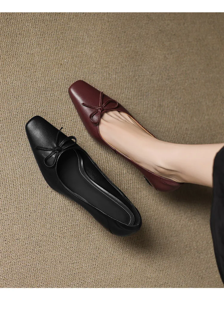 Autumn sheepskin square-toe low-cut slip-on shoes with chunky heels and bows