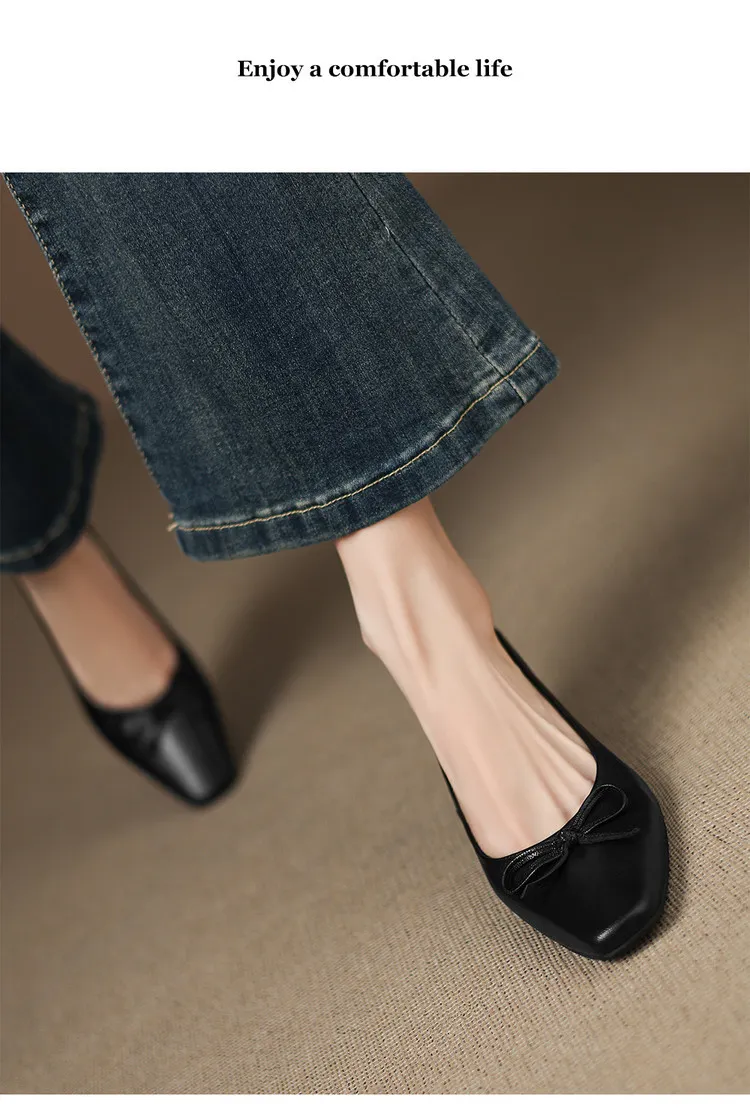 Autumn sheepskin square-toe low-cut slip-on shoes with chunky heels and bows