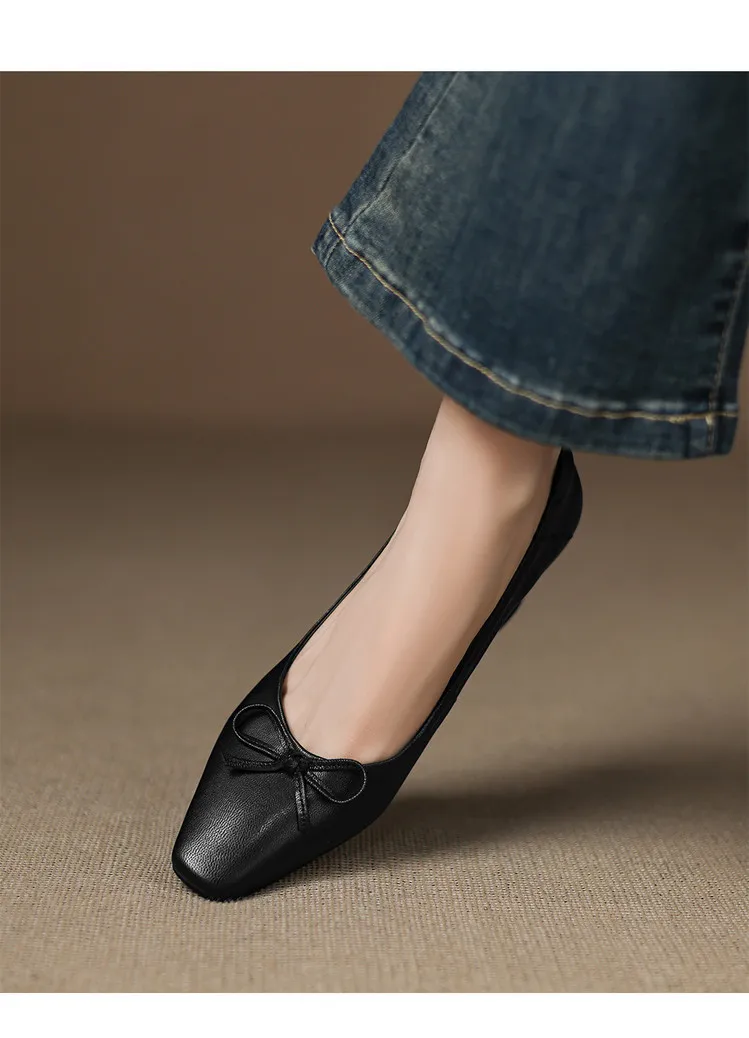 Autumn sheepskin square-toe low-cut slip-on shoes with chunky heels and bows