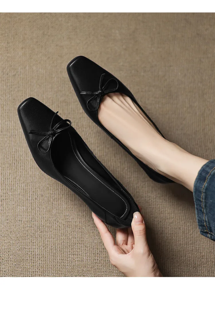 Autumn sheepskin square-toe low-cut slip-on shoes with chunky heels and bows