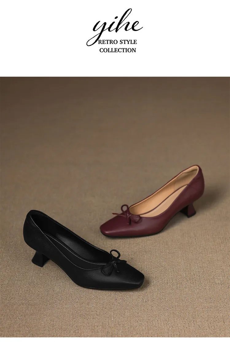 Autumn sheepskin square-toe low-cut slip-on shoes with chunky heels and bows