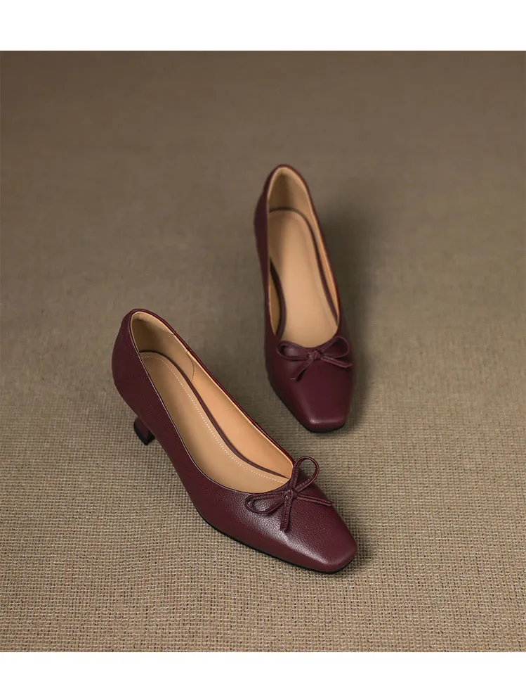 Autumn sheepskin square-toe low-cut slip-on shoes with chunky heels and bows