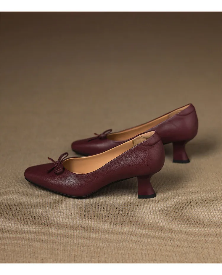 Autumn sheepskin square-toe low-cut slip-on shoes with chunky heels and bows