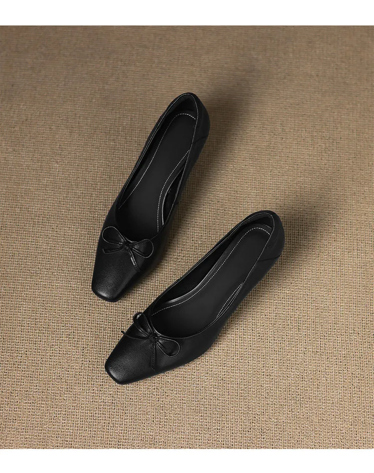 Autumn sheepskin square-toe low-cut slip-on shoes with chunky heels and bows