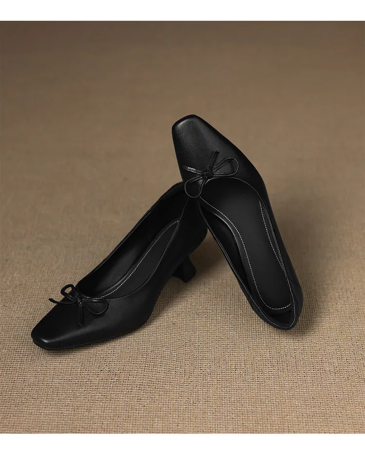 Autumn sheepskin square-toe low-cut slip-on shoes with chunky heels and bows