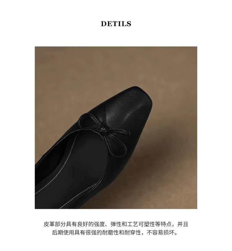 Autumn sheepskin square-toe low-cut slip-on shoes with chunky heels and bows