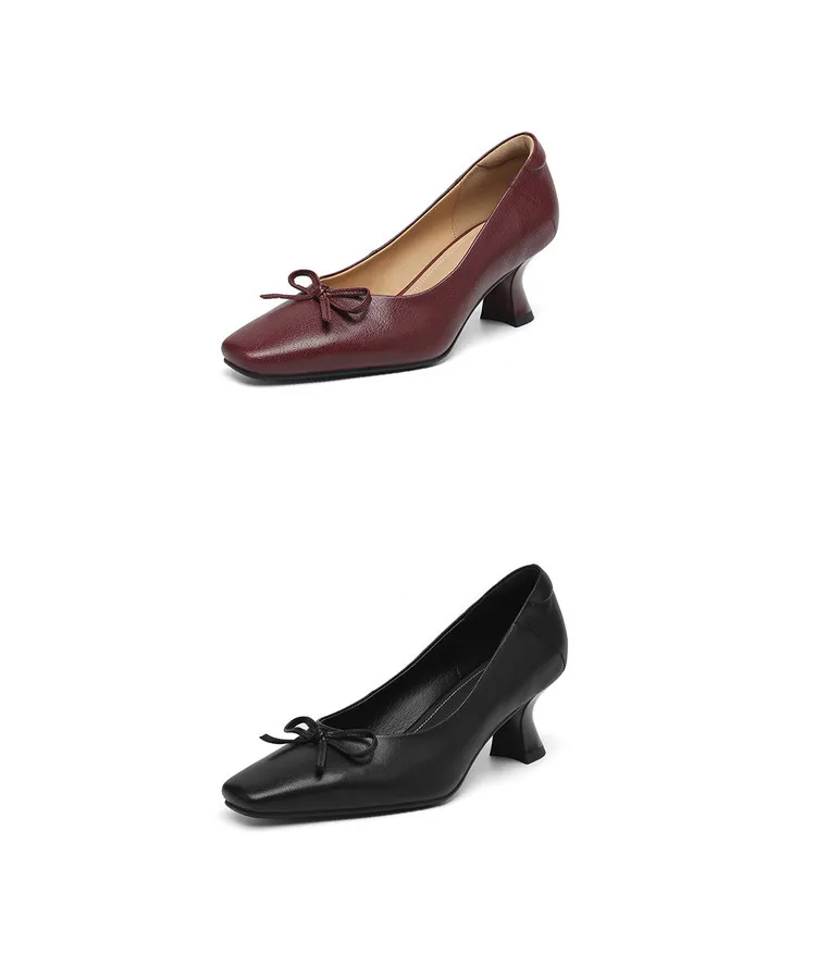 Autumn sheepskin square-toe low-cut slip-on shoes with chunky heels and bows