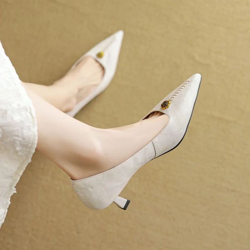 Pointed-toe, low-cut, stiletto heeled slip-on fashion sheepskin women's shoes