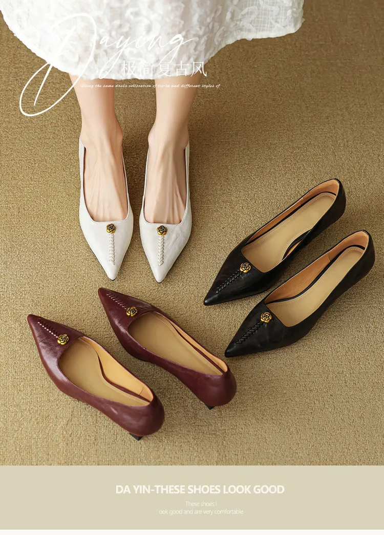Pointed-toe, low-cut, stiletto heeled slip-on fashion sheepskin women's shoes