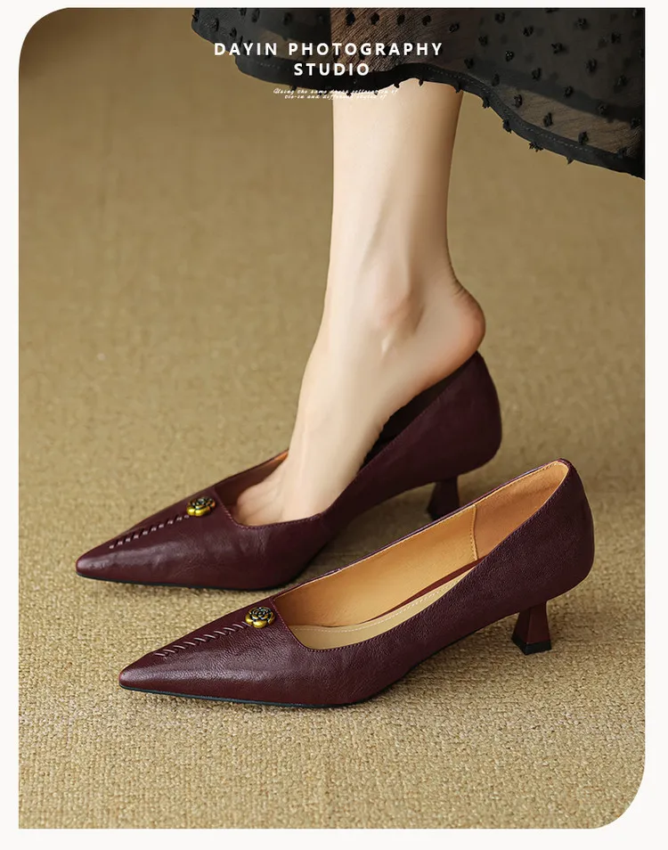 Pointed-toe, low-cut, stiletto heeled slip-on fashion sheepskin women's shoes