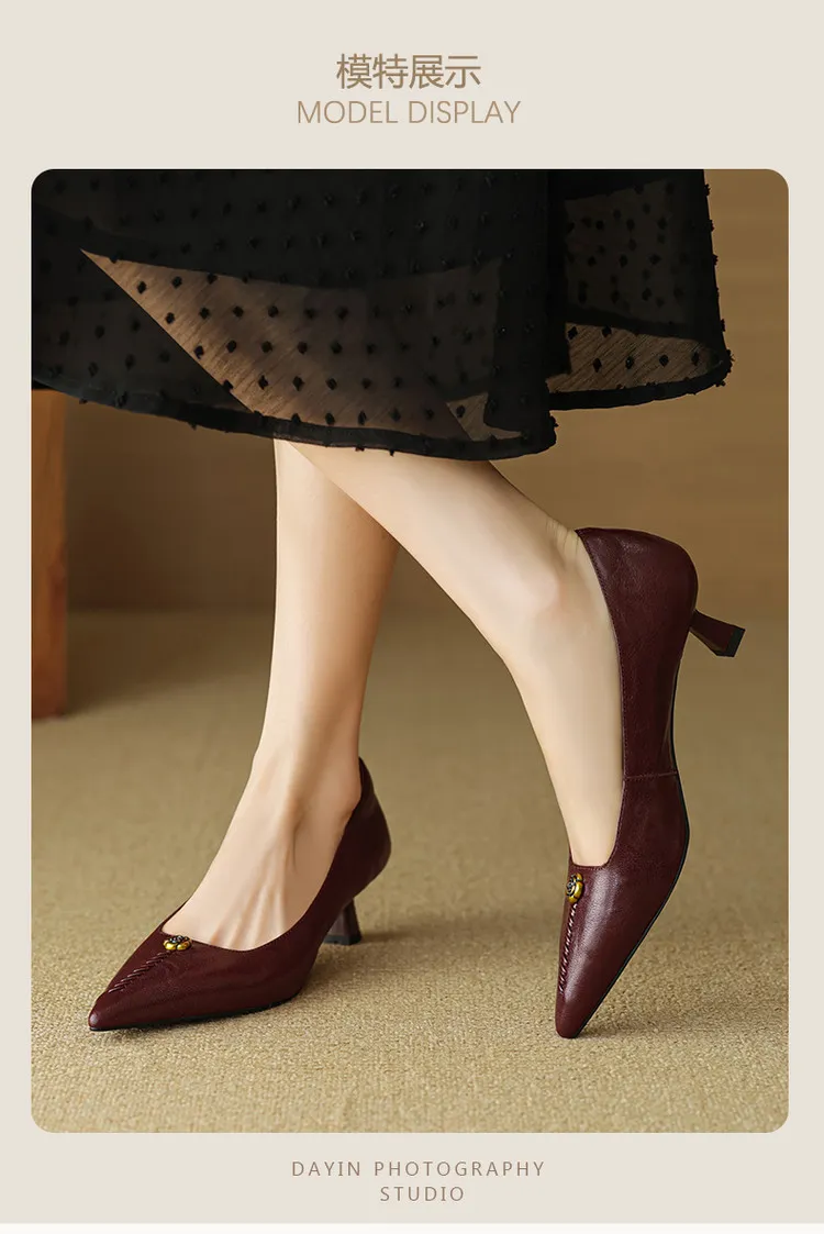 Pointed-toe, low-cut, stiletto heeled slip-on fashion sheepskin women's shoes