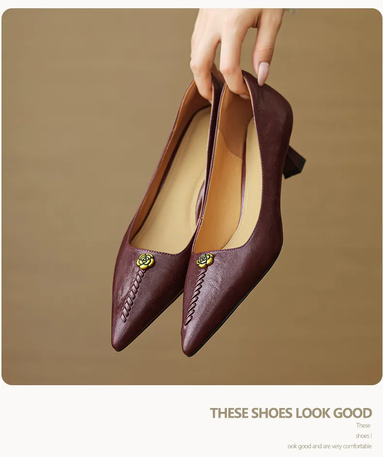 Pointed-toe, low-cut, stiletto heeled slip-on fashion sheepskin women's shoes