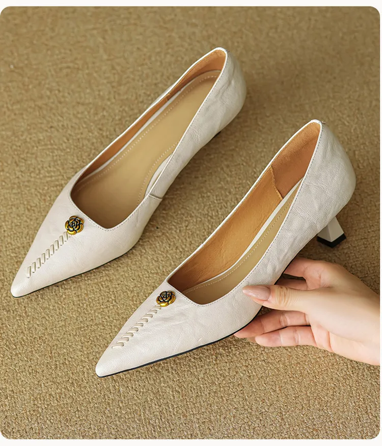 Pointed-toe, low-cut, stiletto heeled slip-on fashion sheepskin women's shoes