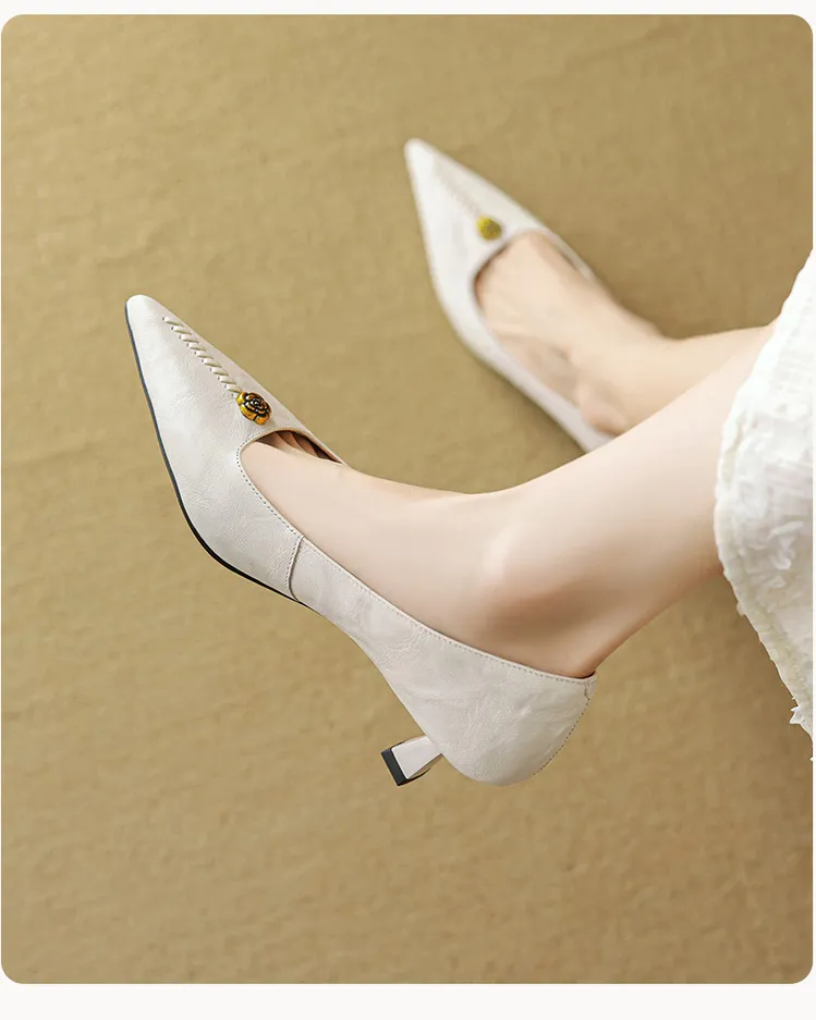 Pointed-toe, low-cut, stiletto heeled slip-on fashion sheepskin women's shoes