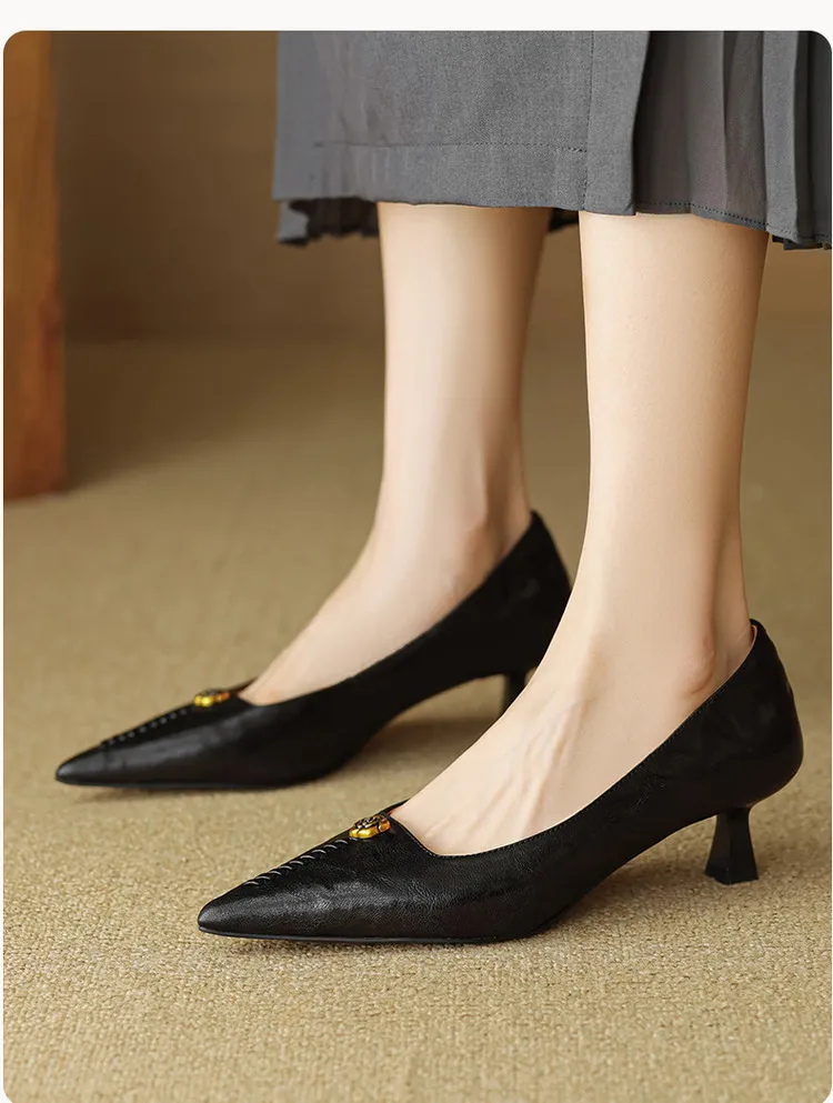 Pointed-toe, low-cut, stiletto heeled slip-on fashion sheepskin women's shoes