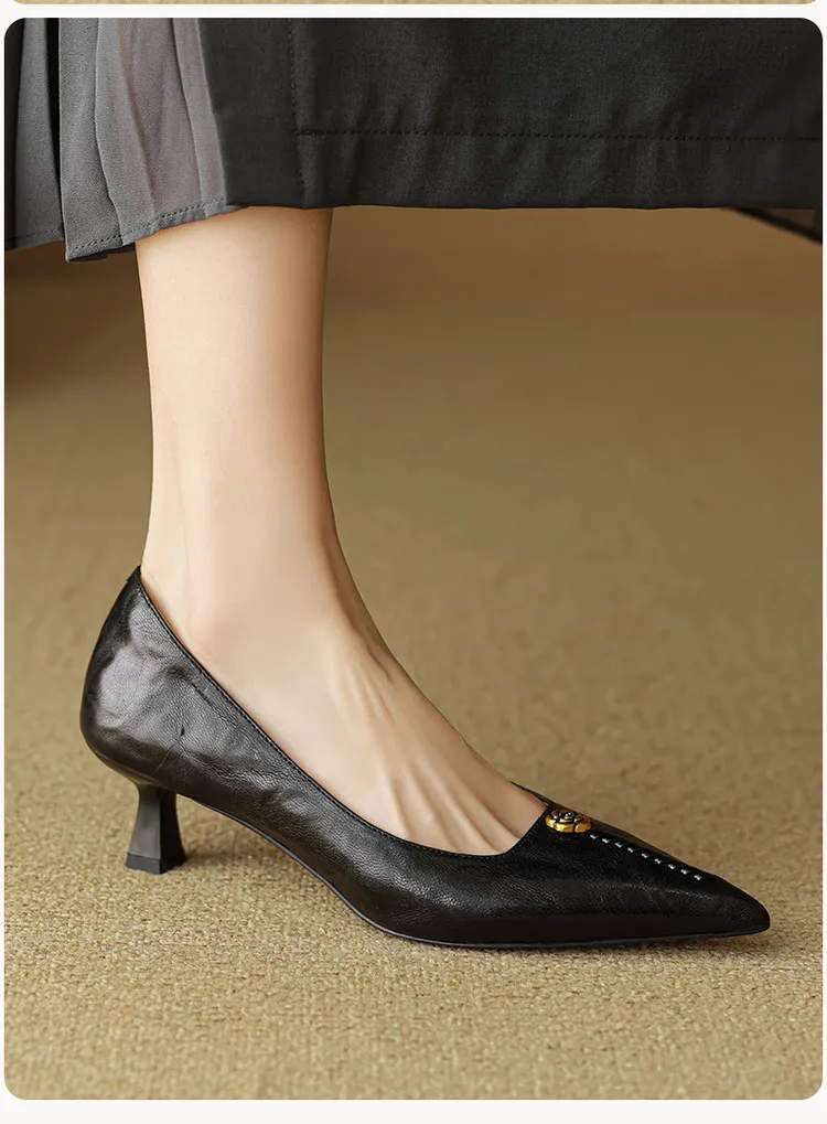 Pointed-toe, low-cut, stiletto heeled slip-on fashion sheepskin women's shoes