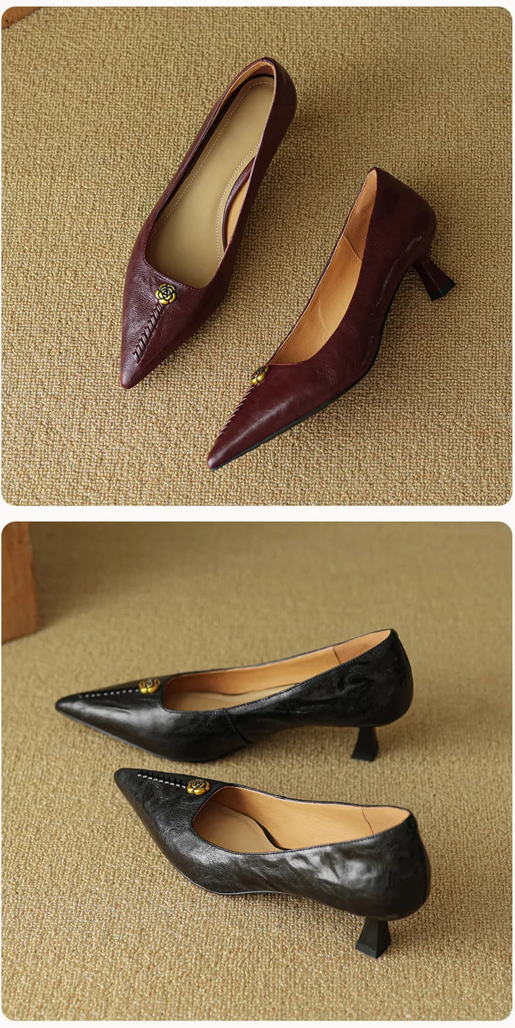 Pointed-toe, low-cut, stiletto heeled slip-on fashion sheepskin women's shoes