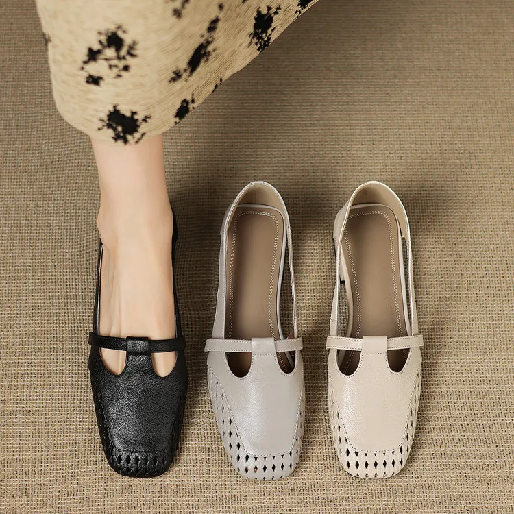 Chunky heel square toe openwork sheepskin beige and black fashion women's shoes 6-28d
