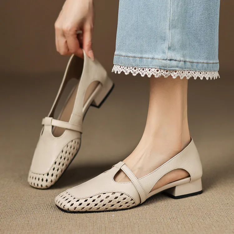 Chunky heel square toe openwork sheepskin beige and black fashion women's shoes 6-28d