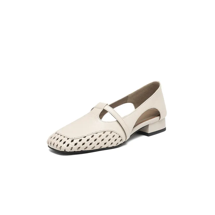 Chunky heel square toe openwork sheepskin beige and black fashion women's shoes 6-28d