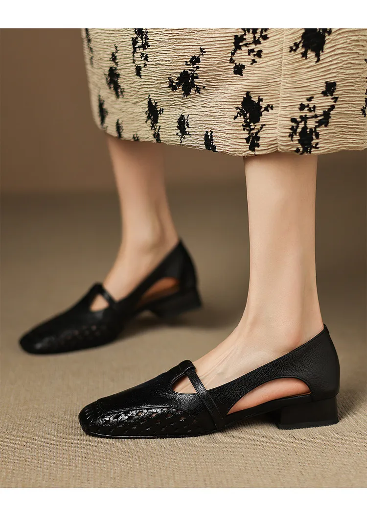 Chunky heel square toe openwork sheepskin beige and black fashion women's shoes 6-28d