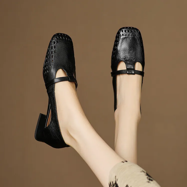 Chunky heel square toe openwork sheepskin beige and black fashion women's shoes 6-28d