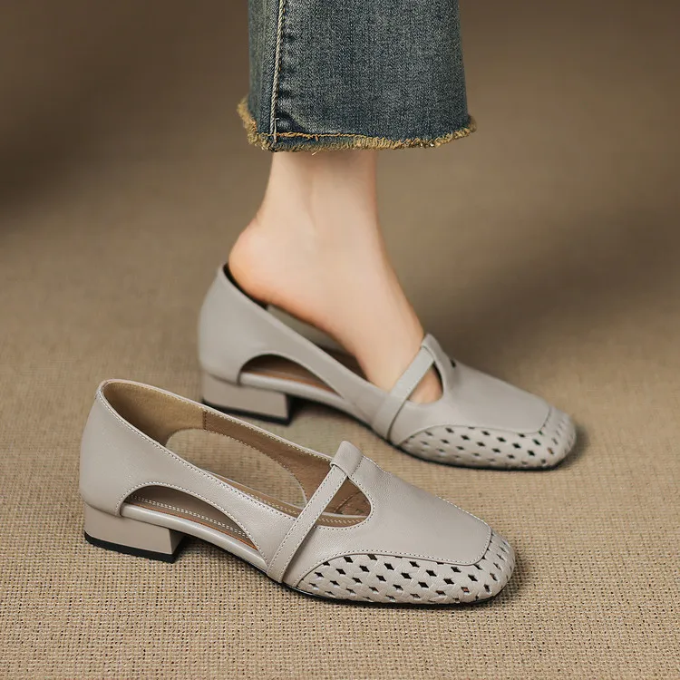 Chunky heel square toe openwork sheepskin beige and black fashion women's shoes 6-28d