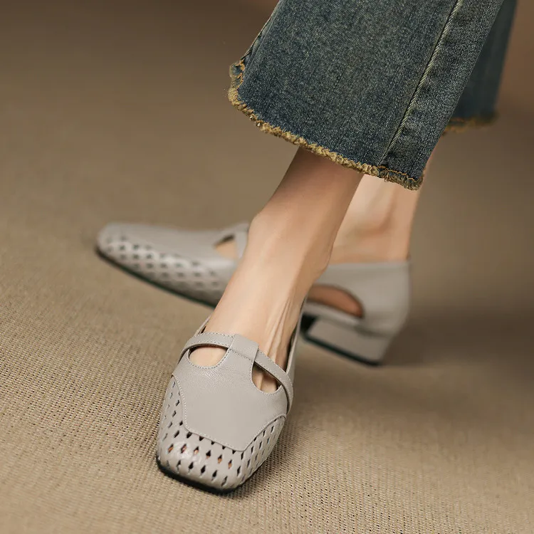 Chunky heel square toe openwork sheepskin beige and black fashion women's shoes 6-28d