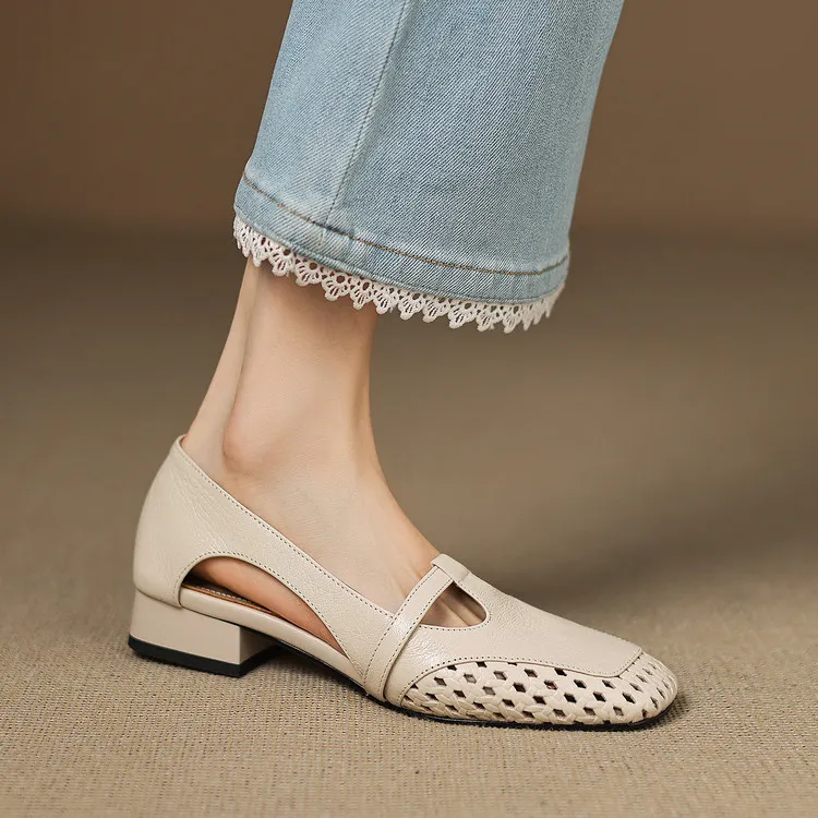 Chunky heel square toe openwork sheepskin beige and black fashion women's shoes 6-28d