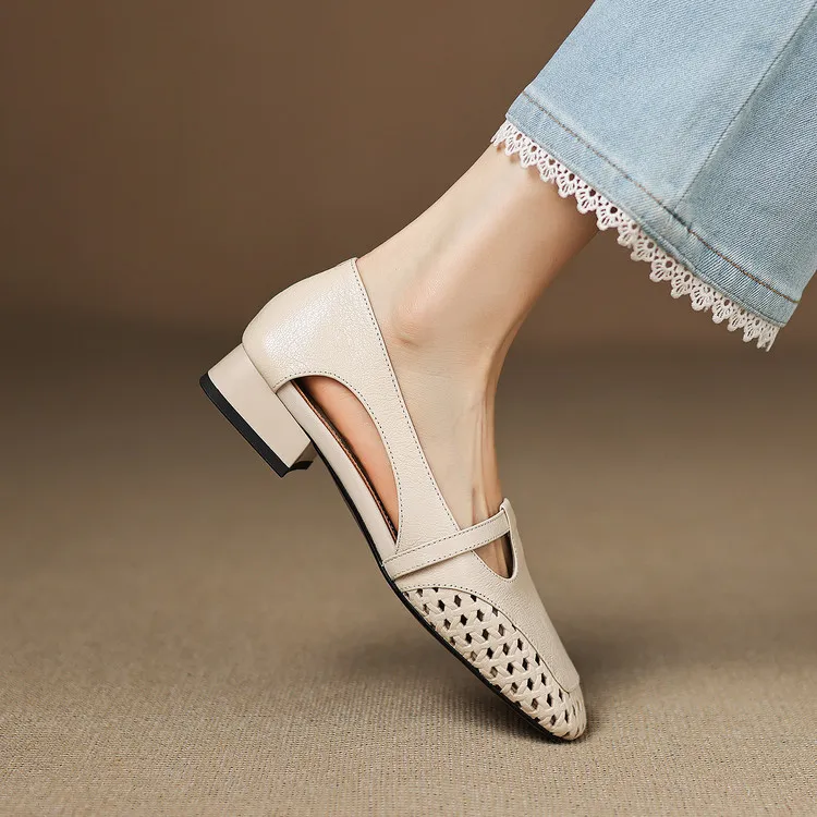 Chunky heel square toe openwork sheepskin beige and black fashion women's shoes 6-28d