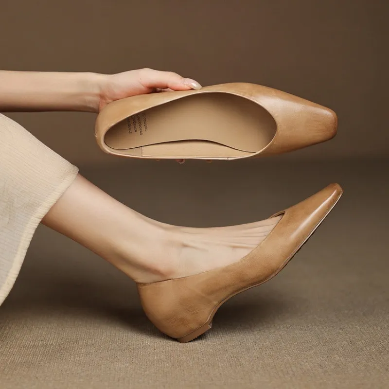 Spring and Autumn Single Shoes with Square Toe, Chunky Heel, High Heel, and Slip-on Style for Women