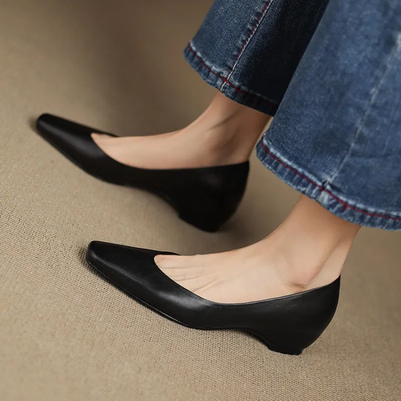 Spring and Autumn Single Shoes with Square Toe, Chunky Heel, High Heel, and Slip-on Style for Women