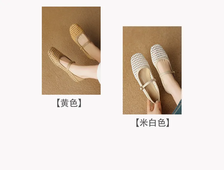 Summer square-toe flat sandals with hollowed-out buckle, sheepskin fashion women's shoes, size 6-30.