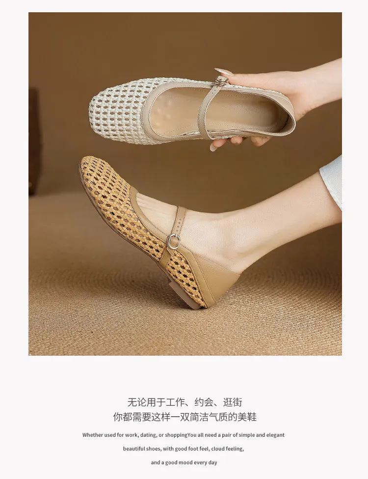 Summer square-toe flat sandals with hollowed-out buckle, sheepskin fashion women's shoes, size 6-30.