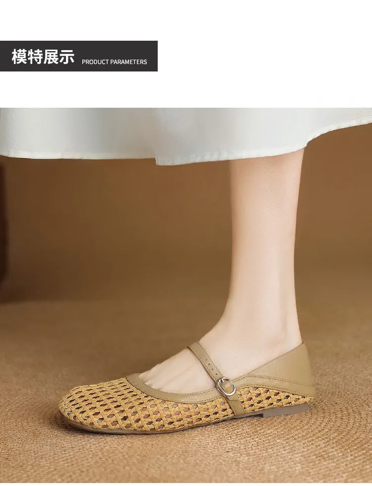 Summer square-toe flat sandals with hollowed-out buckle, sheepskin fashion women's shoes, size 6-30.