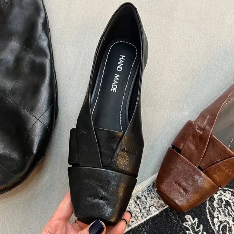 Women's summer and autumn single shoes with soft sole, made of top-grain sheepskin, 3cm stable mid-heel, size 34-41, hollowed-out and breathable.