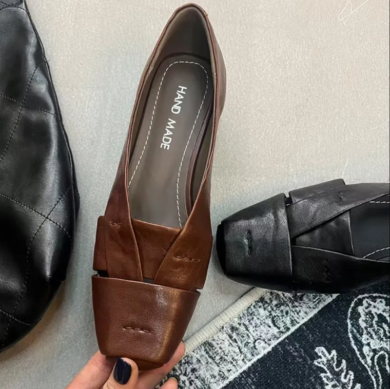 Women's summer and autumn single shoes with soft sole, made of top-grain sheepskin, 3cm stable mid-heel, size 34-41, hollowed-out and breathable.