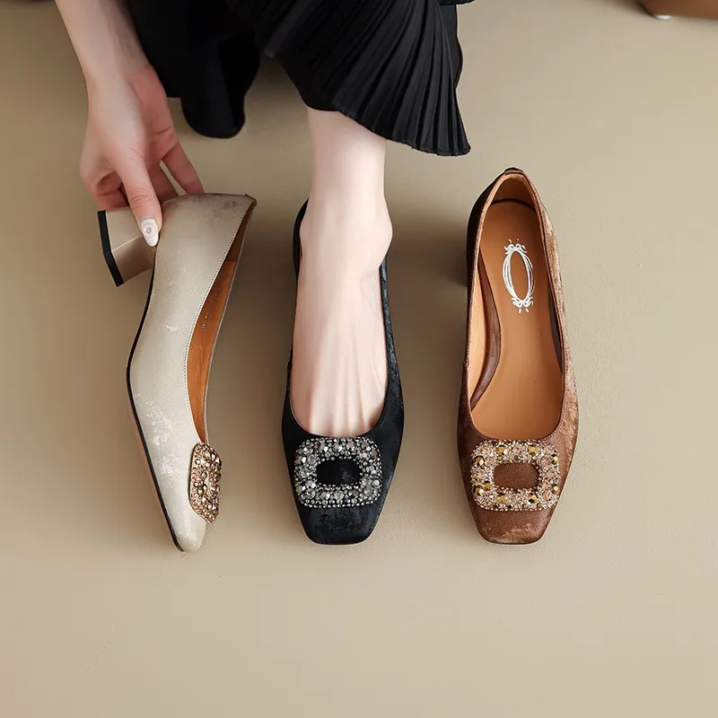 Spring and Autumn Low-Cut Square Toe Chunky Heel High Heel Rhinestone Square Buckle Cowhide Women's Shoes