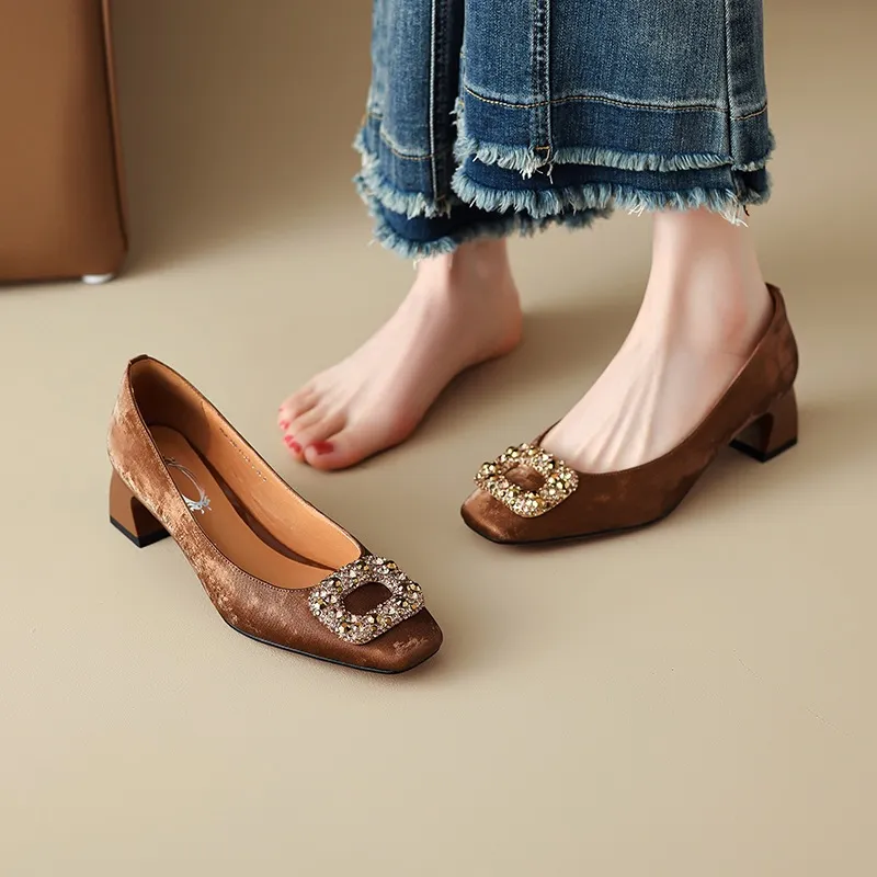 Spring and Autumn Low-Cut Square Toe Chunky Heel High Heel Rhinestone Square Buckle Cowhide Women's Shoes