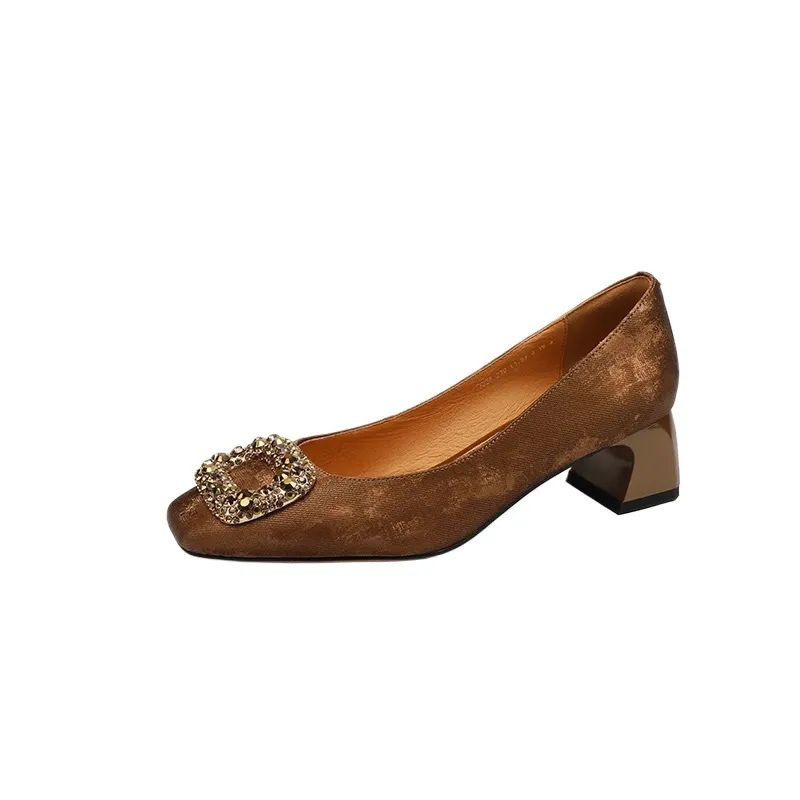 Spring and Autumn Low-Cut Square Toe Chunky Heel High Heel Rhinestone Square Buckle Cowhide Women's Shoes