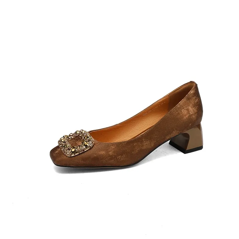 Spring and Autumn Low-Cut Square Toe Chunky Heel High Heel Rhinestone Square Buckle Cowhide Women's Shoes