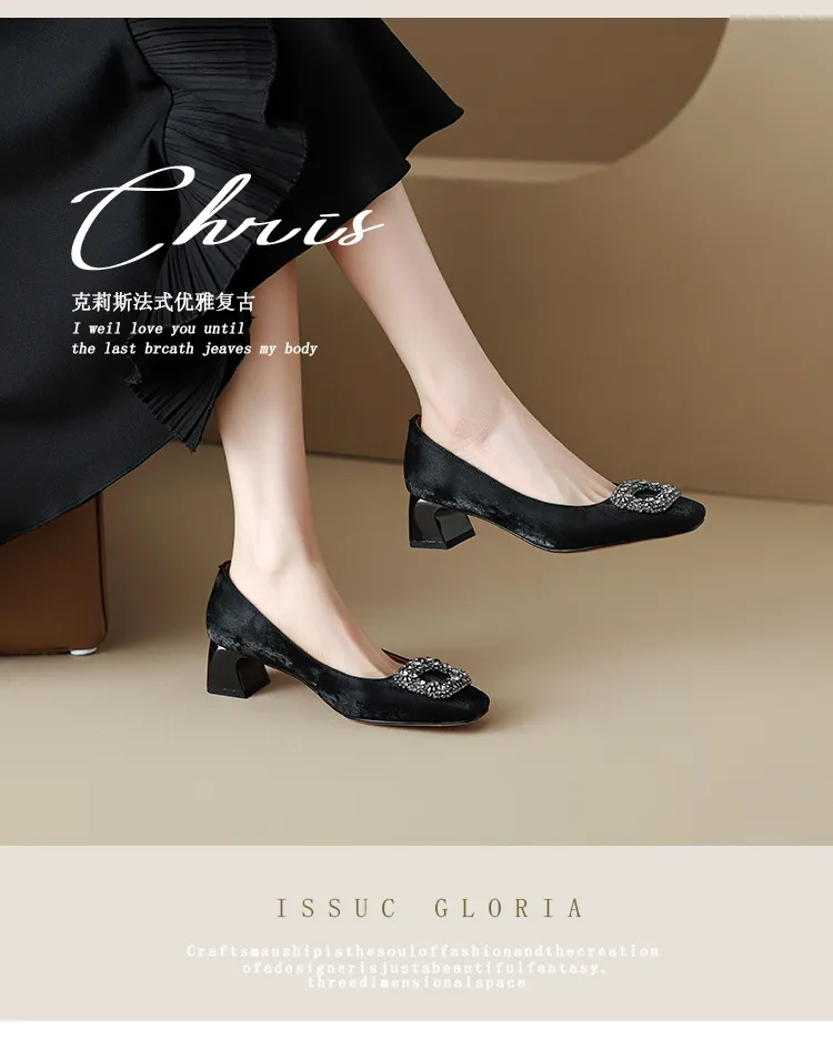 Spring and Autumn Low-Cut Square Toe Chunky Heel High Heel Rhinestone Square Buckle Cowhide Women's Shoes